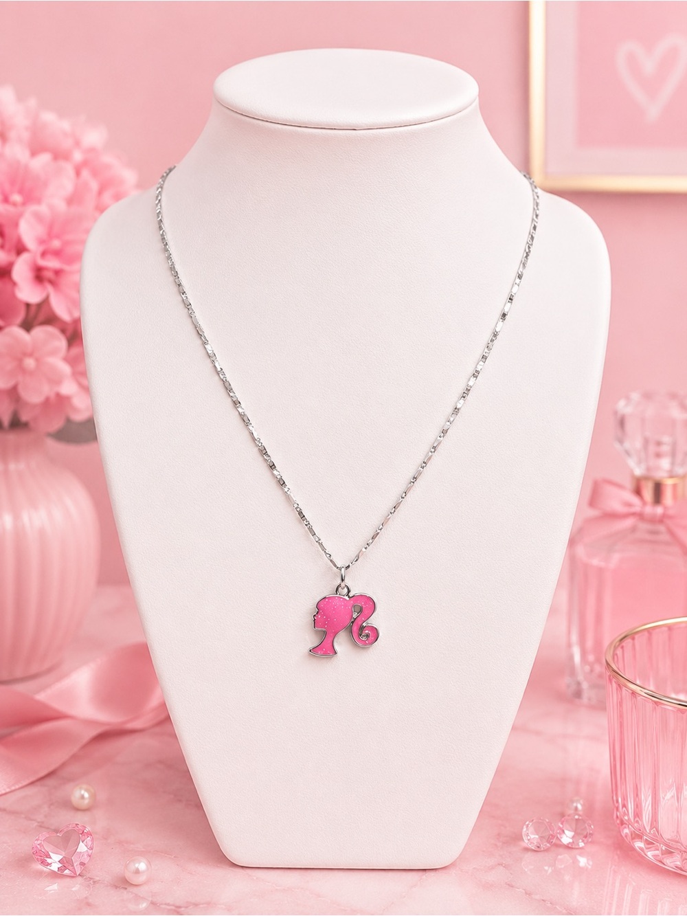 Pink Barbie Silhouette Pendant Silver Tone Fancy Link Necklace 20”